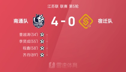 苏超战报：曹越涛、李贤成建功，南通4-0大胜宿迁取4连胜升至第2